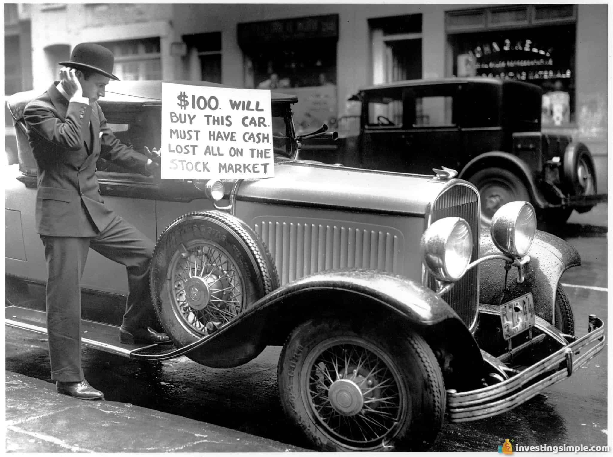During the great depression after the stock market crash, a man is seen here trying to sell his car after losing all his money in the stock market.